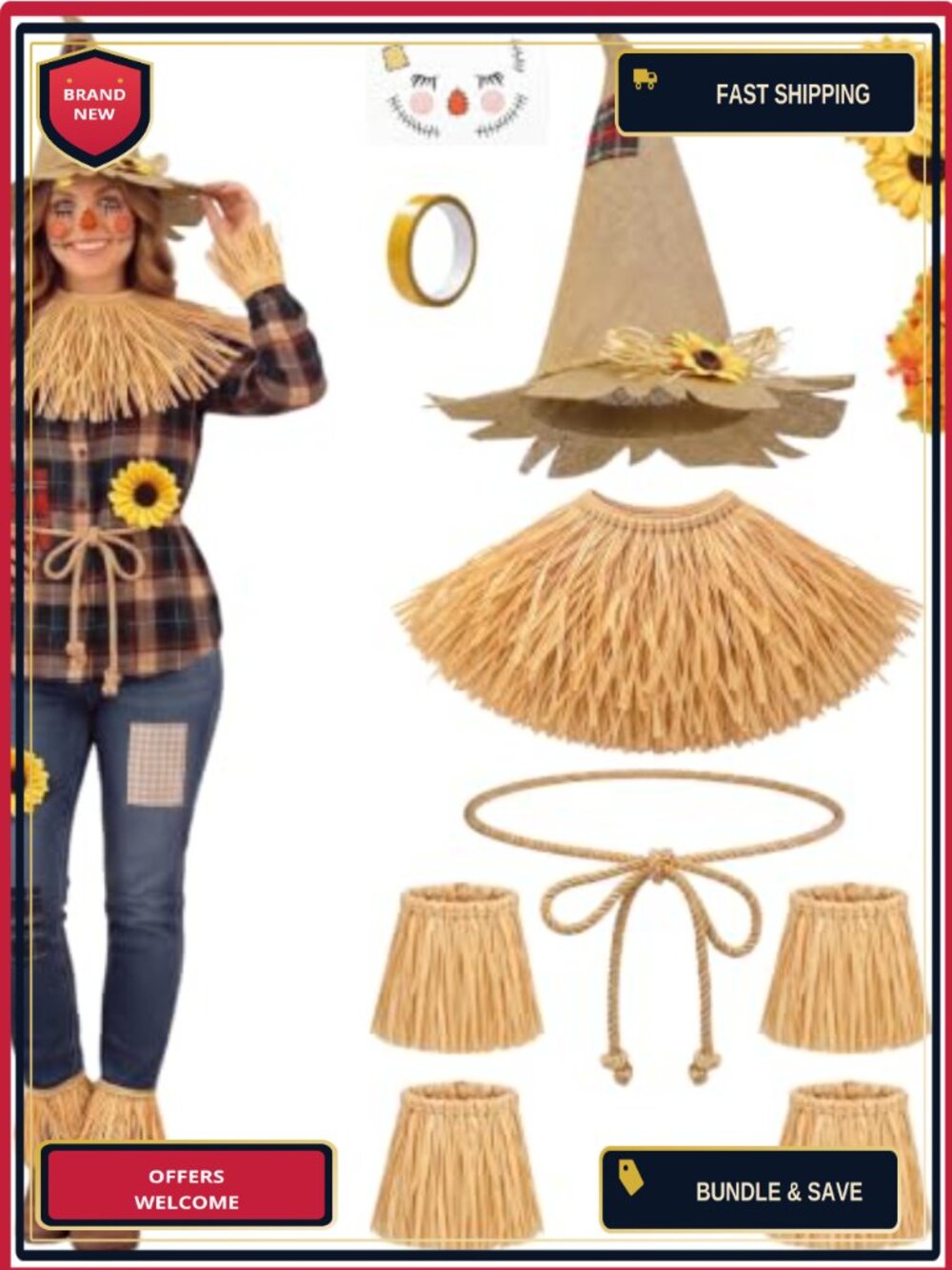 Scarecrow Costume Set Burlap Hat Raffia Accessories Cosplay Kit